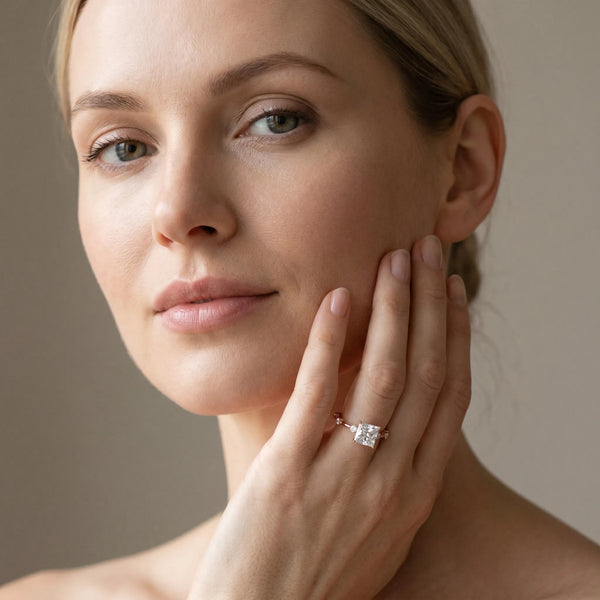Rose gold Princess Solitaire Diamond Ring with Bezel Set Side Stones and Prong Setting