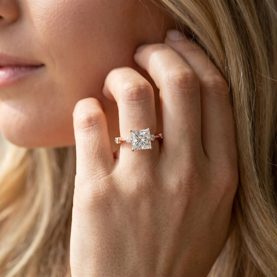 Rose gold Princess Solitaire Diamond Ring with Bezel Set Side Stones and Prong Setting