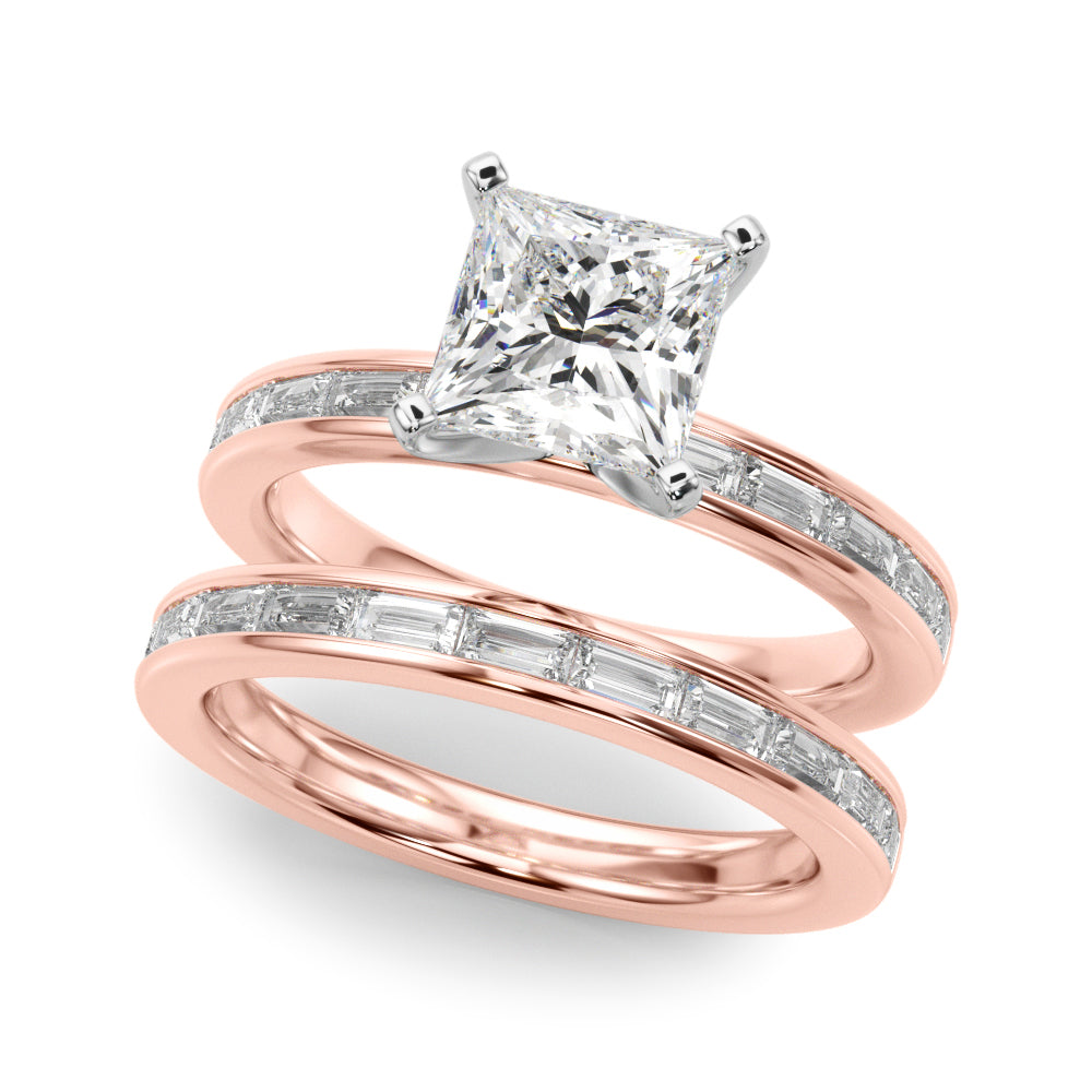 Rose gold Princess Solitaire Diamond Ring with Channel-Set Baguette Band and Four-Prong Setting 1