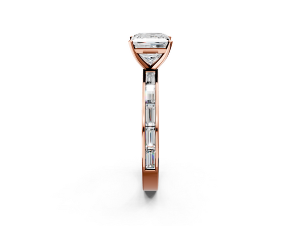 Rose gold Princess Solitaire Diamond Ring with Channel-Set Baguette Band and Four-Prong Setting