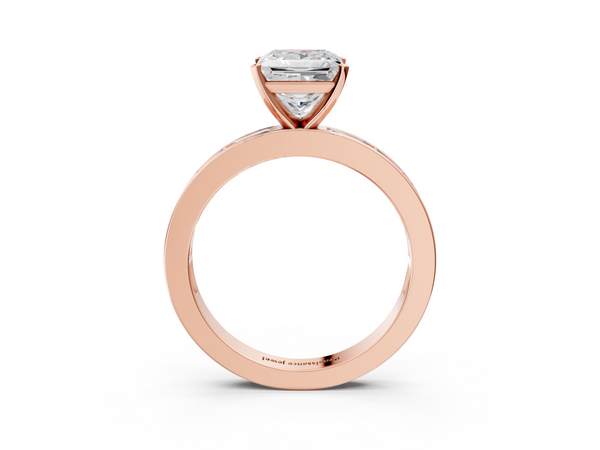 Rose gold Princess Solitaire Diamond Ring with Channel-Set Baguette Band and Four-Prong Setting
