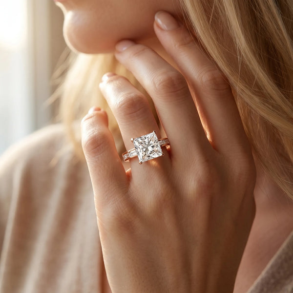 Rose gold Princess Solitaire Diamond Ring with Channel-Set Baguette Band and Four-Prong Setting