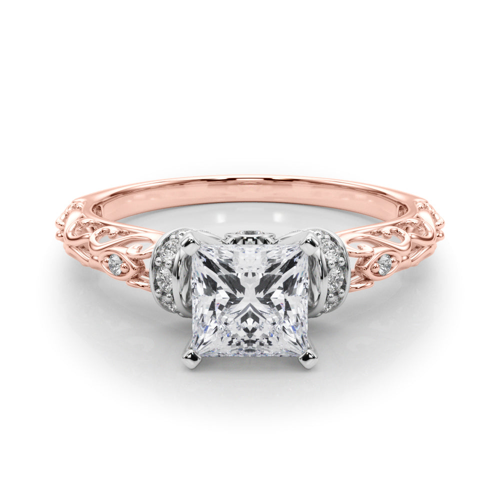 Rose gold Princess Solitaire Diamond Ring with Filigree Band and Four-Prong Setting 1