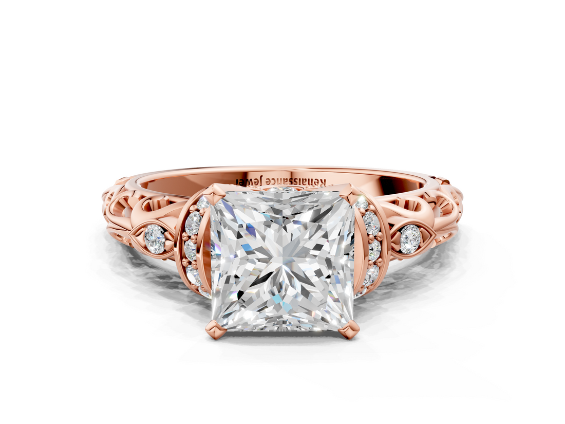 Rose gold Princess Solitaire Diamond Ring with Filigree Band and Four-Prong Setting_83