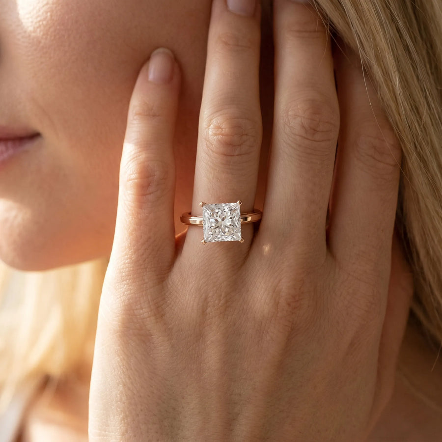 Rose gold Princess Solitaire Diamond Ring with Four-Prong Setting and Classic Band