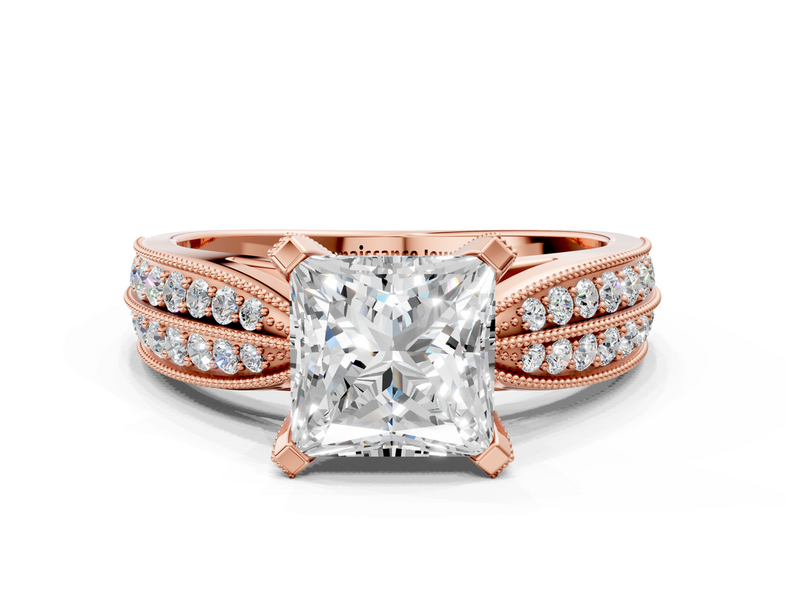 Rose gold Princess Solitaire Diamond Ring with Milgrain Pavé Band and Four-Prong Setting_137