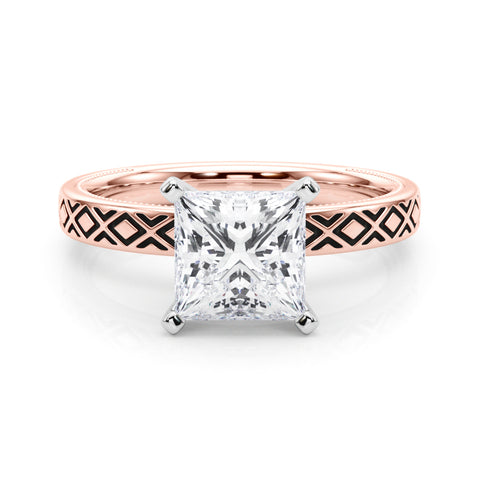 Rose gold Princess Solitaire Diamond Ring with Milgrain and Black Enamel X Pattern Band 1