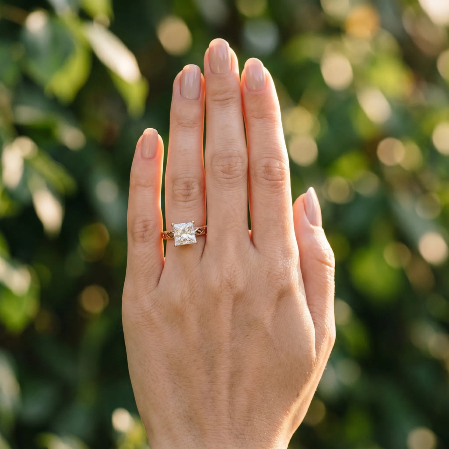 Rose gold Princess Solitaire Diamond Ring with Milgrain and Black Enamel X Pattern Band