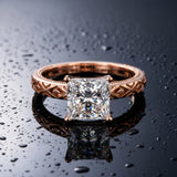 Rose gold Princess Solitaire Diamond Ring with Milgrain and Black Enamel X Pattern Band_15