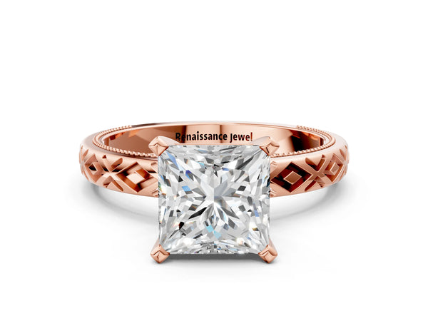 Rose gold Princess Solitaire Diamond Ring with Milgrain and Black Enamel X Pattern Band