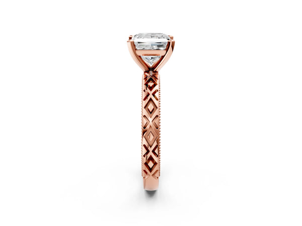 Rose gold Princess Solitaire Diamond Ring with Milgrain and Black Enamel X Pattern Band