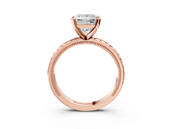Rose gold Princess Solitaire Diamond Ring with Milgrain and Black Enamel X Pattern Band