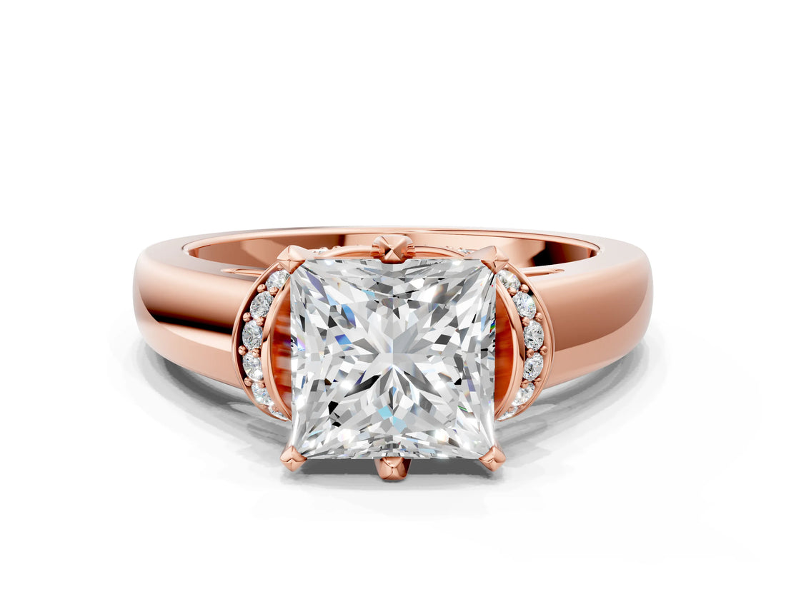 Rose gold Princess Solitaire Diamond Ring with Pave Band and Six-Prong Setting_35