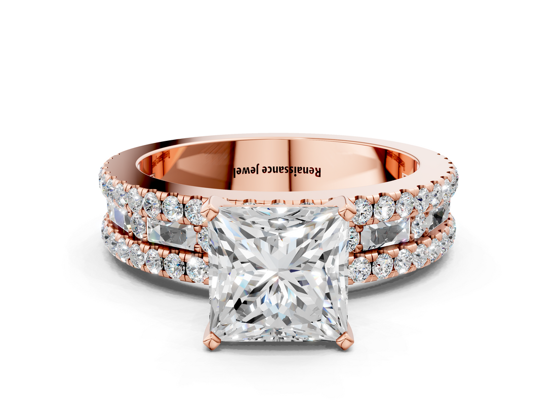 Rose gold Princess Solitaire Diamond with Pave and Channel Set Band_79