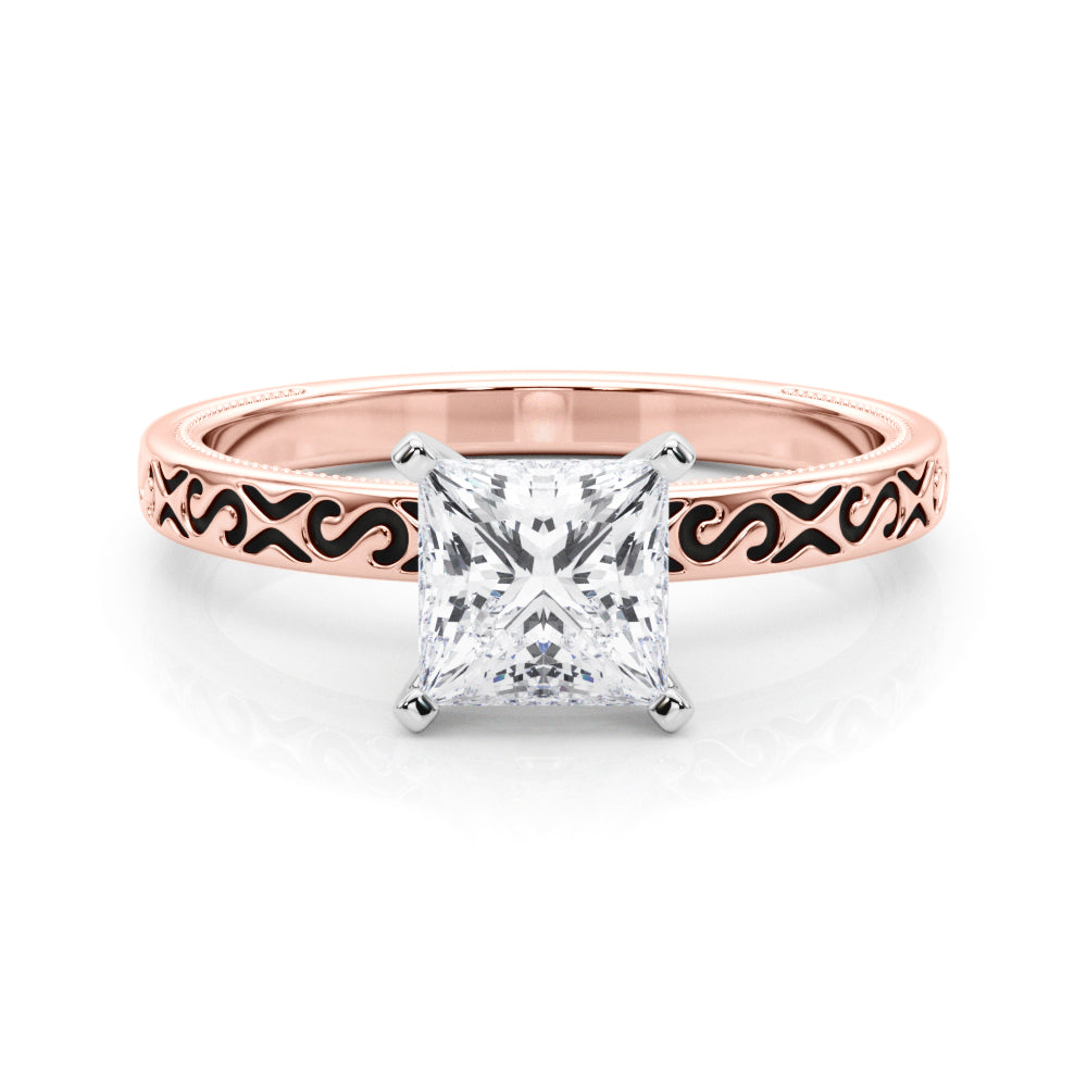 Rose gold Princess Solitaire Engagement Ring with Scrollwork Band and Four-Prong Setting 1