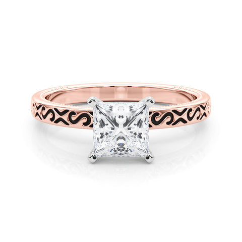 Rose gold Princess Solitaire Engagement Ring with Scrollwork Band and Four-Prong Setting 1