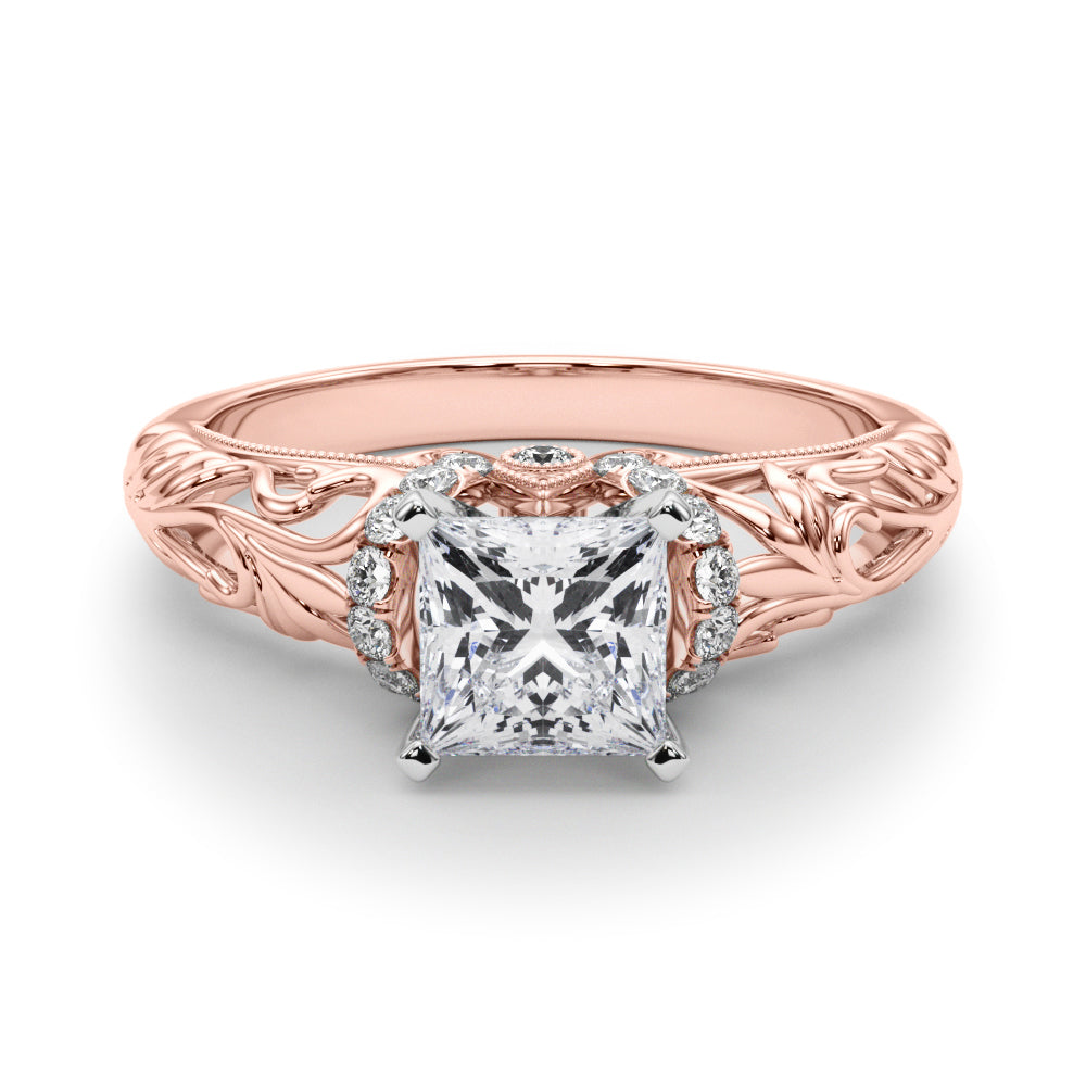 Rose gold Princess Solitaire Filigree Engagement Ring with Halo and Prong Setting 1