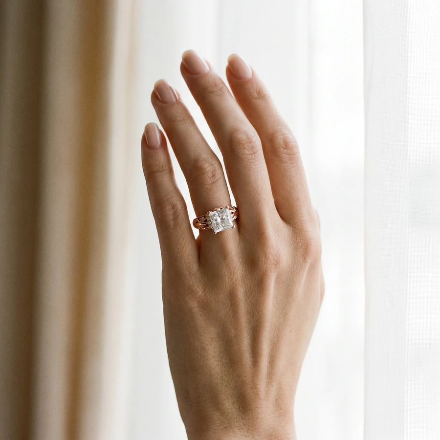 Rose gold Princess Solitaire Filigree Engagement Ring with Halo and Prong Setting