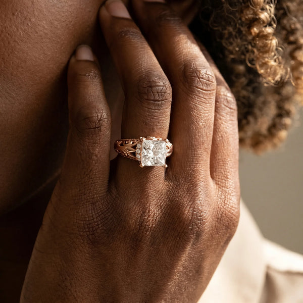 Rose gold Princess Solitaire Filigree Engagement Ring with Halo and Prong Setting