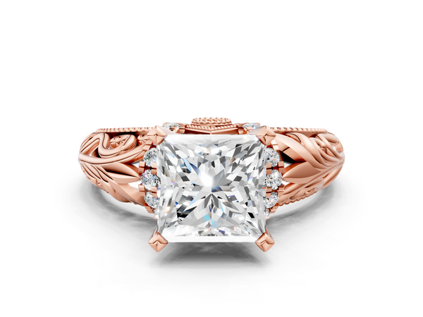 Rose gold Princess Solitaire Filigree Engagement Ring with Halo and Prong Setting