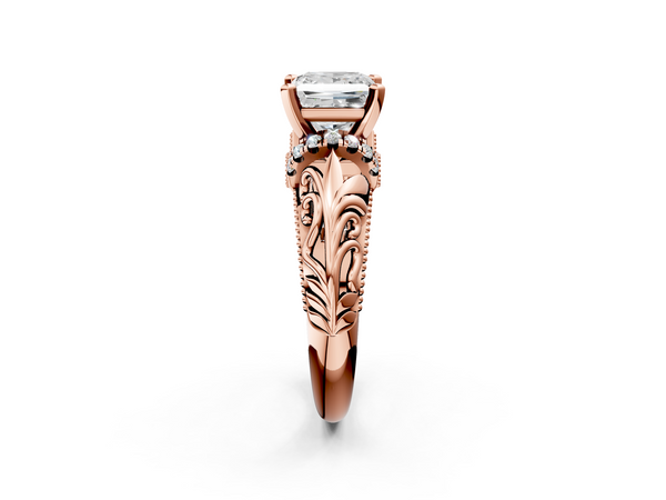 Rose gold Princess Solitaire Filigree Engagement Ring with Halo and Prong Setting