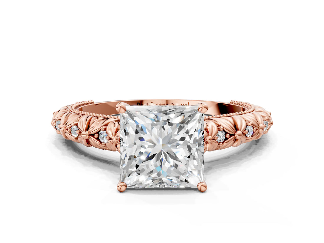 Rose gold Princess Solitaire Floral Milgrain Engagement Ring_31