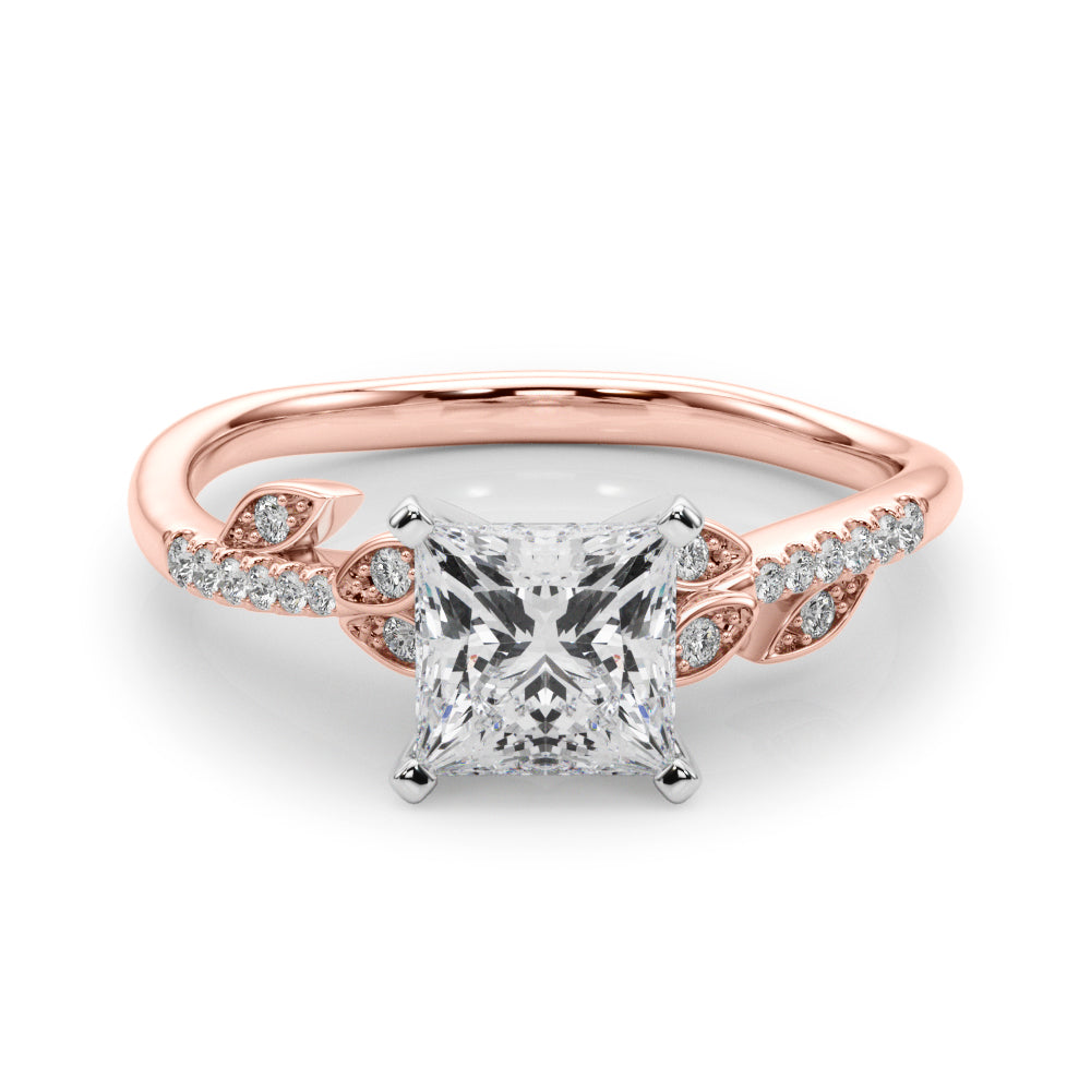 Rose gold Princess Solitaire Leaf-Inspired Diamond Ring with Pavé Band and Four-Prong Setting 1