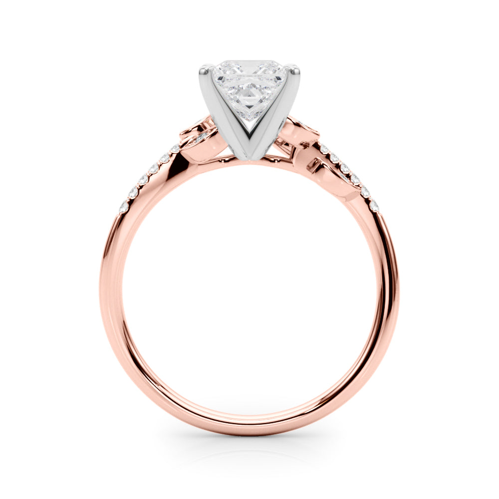 Rose gold Princess Solitaire Leaf-Inspired Diamond Ring with Pavé Band and Four-Prong Setting 2