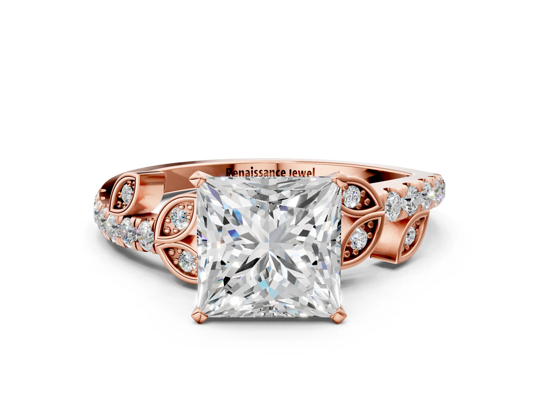 Rose gold Princess Solitaire Leaf-Inspired Diamond Ring with Pavé Band and Four-Prong Setting_4