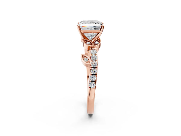 Rose Gold Princess Cut Leaf Solitaire Engagement Ring Setting with Pave Band