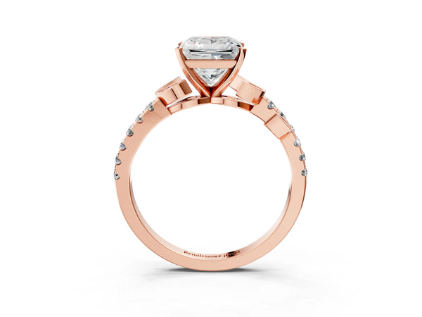 Rose Gold Princess Cut Leaf Solitaire Engagement Ring Setting with Pave Band
