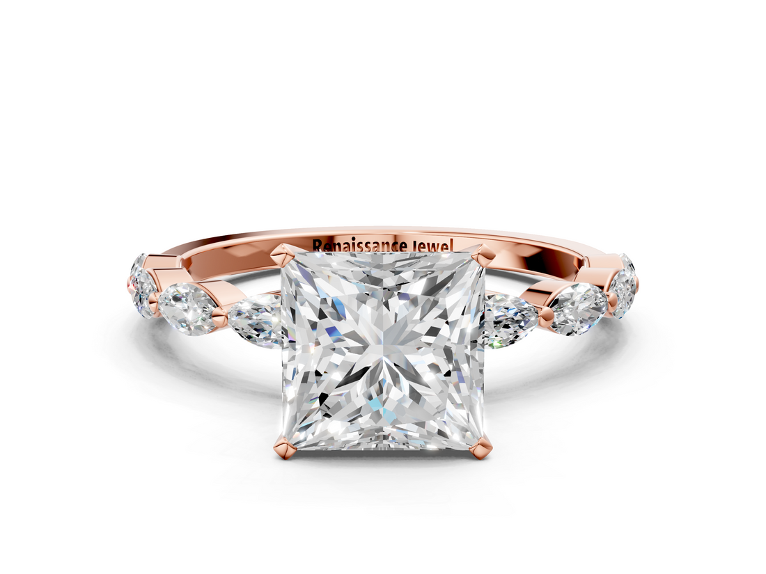 Rose gold Princess Solitaire Marquise Side Stone Prong Setting Ring_54