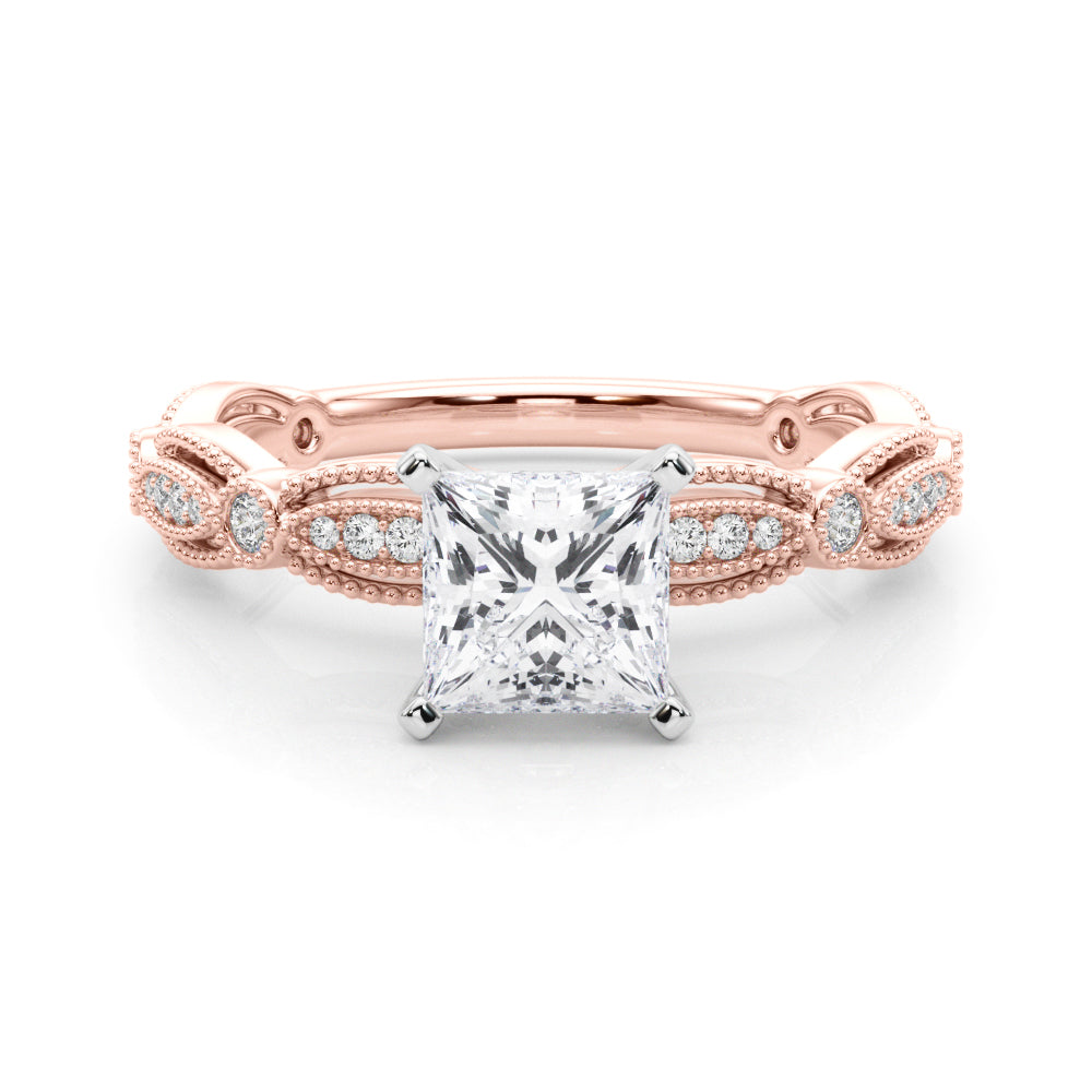 Rose gold Princess Solitaire Milgrain Diamond Engagement Ring with Bezel and Marquise Band 1