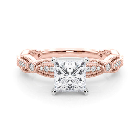 Rose gold Princess Solitaire Milgrain Diamond Engagement Ring with Bezel and Marquise Band 1