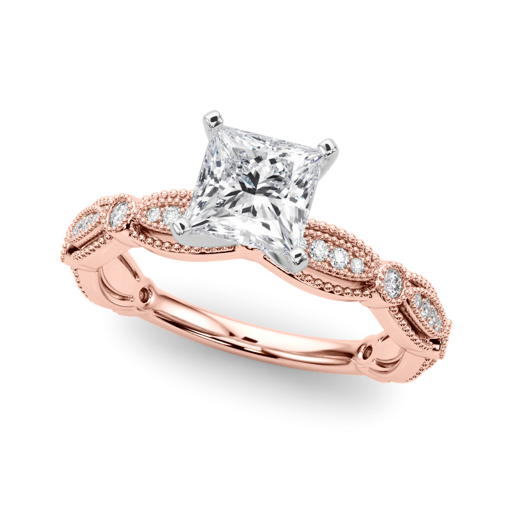 Rose gold Princess Solitaire Milgrain Diamond Engagement Ring with Bezel and Marquise Band