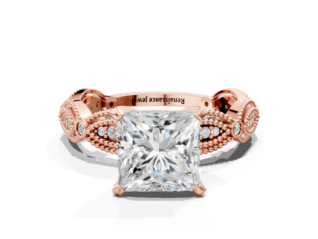 Rose gold Princess Solitaire Milgrain Diamond Engagement Ring with Bezel and Marquise Band_135
