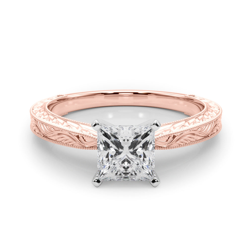 Rose gold Princess Solitaire Milgrain Engraved Band with Four-Prong Setting 1