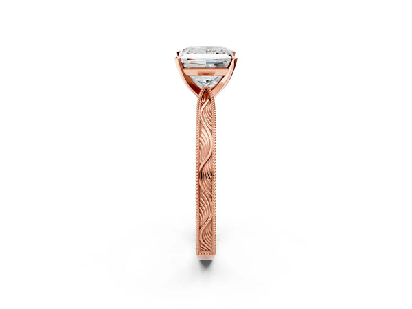 Rose Gold Princess Cut Vintage Solitaire Engagement Ring Setting with Milgrain Engraved Band