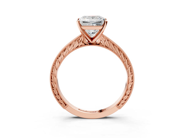 Rose Gold Princess Cut Vintage Solitaire Engagement Ring Setting with Milgrain Engraved Band