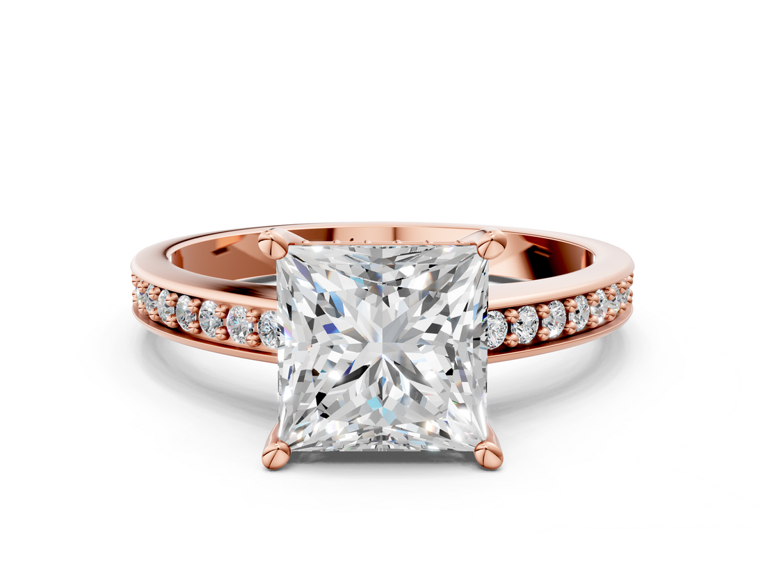 Rose gold Princess Solitaire Pavé Band Prong Setting Ring_20