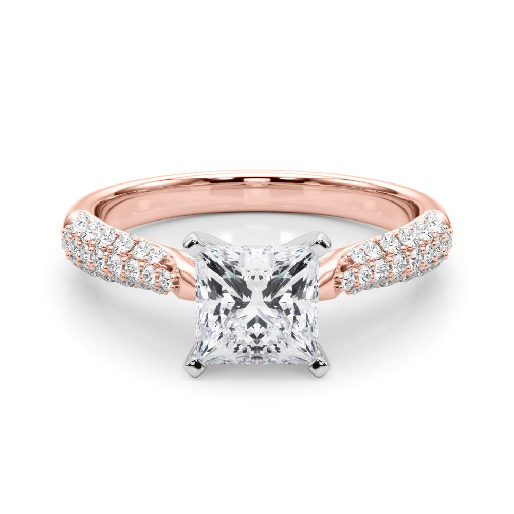Rose gold Princess Solitaire Pavé Diamond Engagement Ring with Four-Prong Setting 1