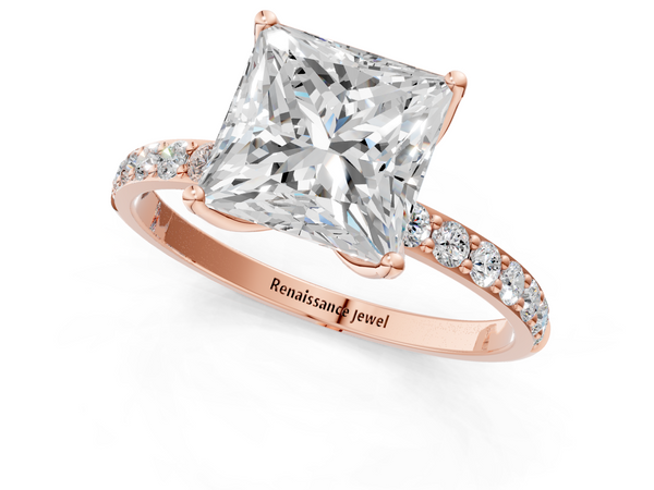 Rose gold Princess Cut Diamond Solitaire Engagement Ring with Round  Pavé Band and Prong Setting