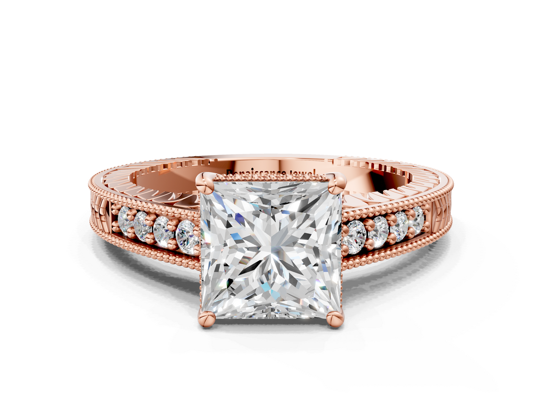 Rose gold Princess Solitaire Pavé Diamond Milgrain Engagement Ring with Four-Prong Setting_6