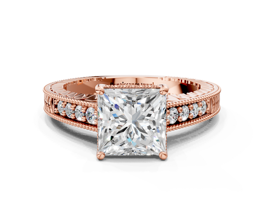 Rose gold Princess Solitaire Pavé Diamond Milgrain Engagement Ring with Four-Prong Setting