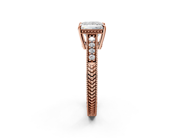 Rose gold Princess Solitaire Pavé Diamond Milgrain Engagement Ring with Four-Prong Setting