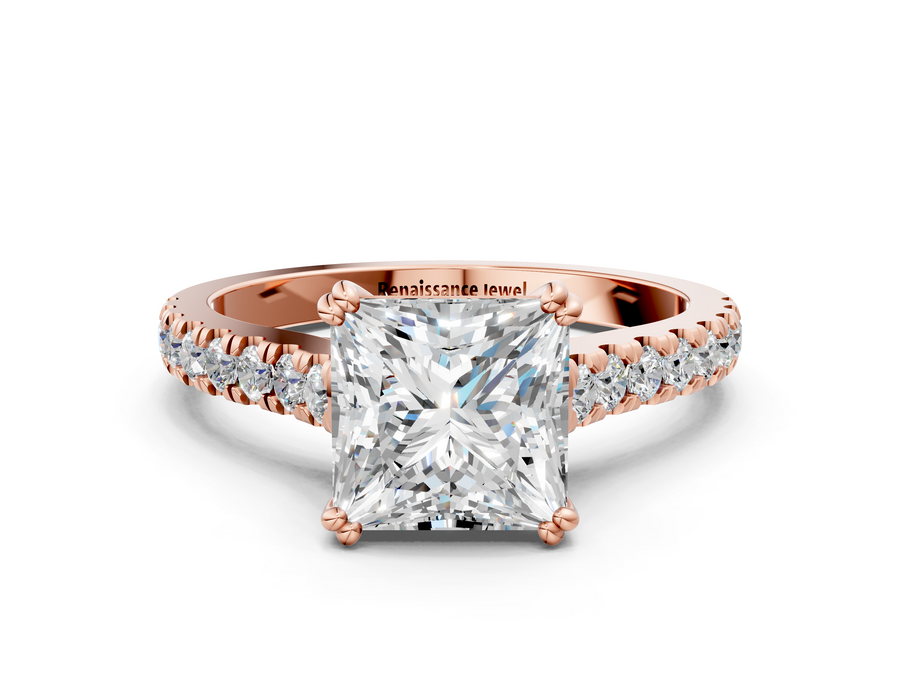 Rose gold Princess Solitaire Pave Diamond Engagement Ring with Prong Setting