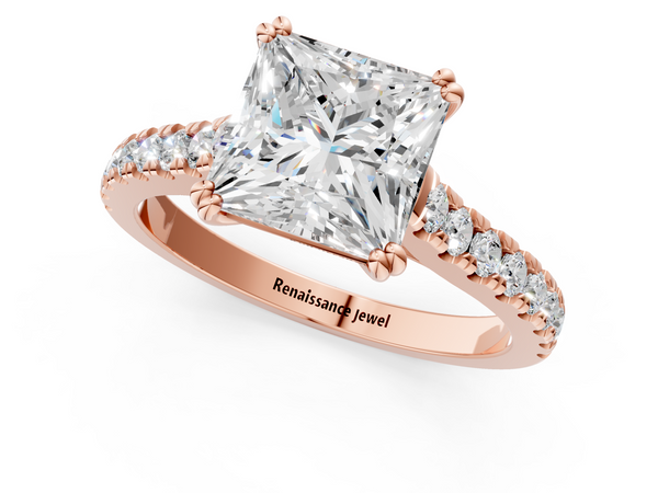 Rose gold Princess Solitaire Pave Diamond Engagement Ring with Prong Setting