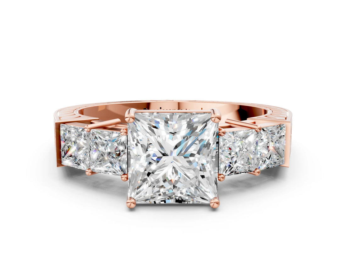 Rose gold Princess Solitaire Princess Side Stone Engraved Band Prong Setting Ring_3