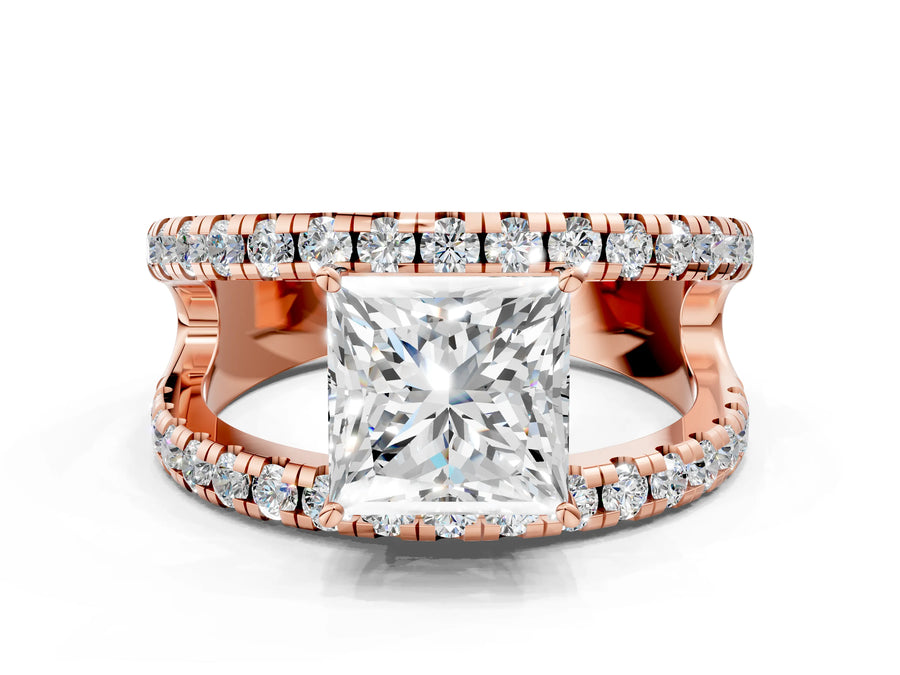 Rose gold Princess Solitaire Split Shank Pave Diamond Ring