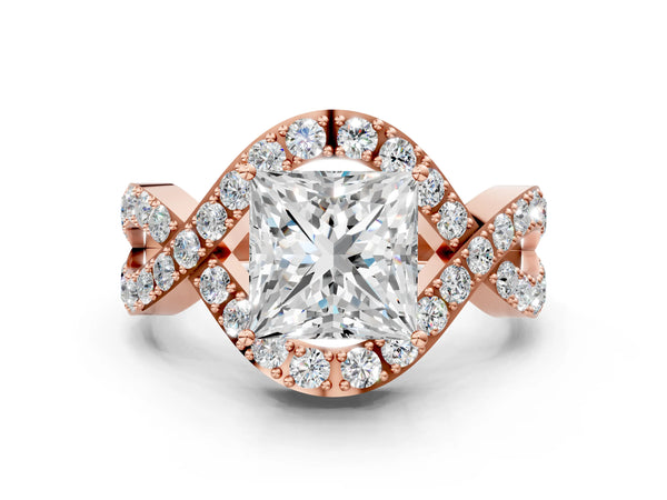 Rose gold Princess Solitaire Twist Band Pavé Diamond Engagement Ring